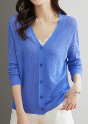 Beautiful Blue V Neck Hollow Out Patchwork Thin Knit Cardigan Fall