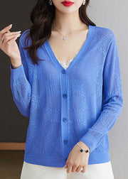 Beautiful Blue V Neck Hollow Out Patchwork Thin Knit Cardigan Fall