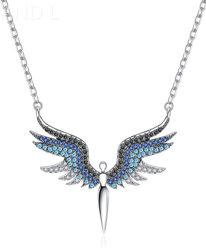 Beautiful Blue Zircon Wing Metal Pendant Necklace