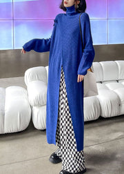 Beautiful Blue asymmetrical design Turtle Neck Knit Holiday Dress Spring