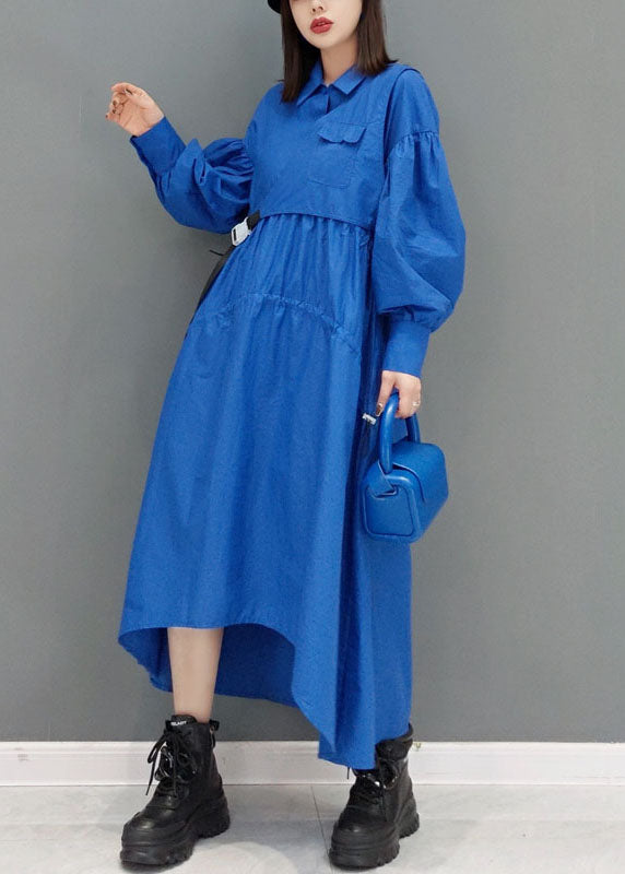 Beautiful Blue low high design Peter Pan Collar wrinkled long Dress Spring
