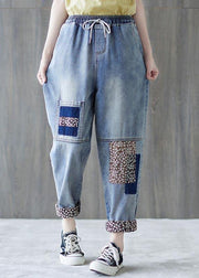 Beautiful Blue patchwork Pockets Cotton Pants Summer - SooLinen