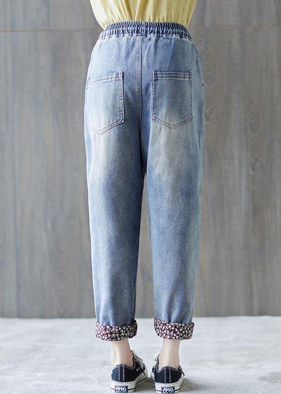Beautiful Blue patchwork Pockets Cotton Pants Summer - SooLinen