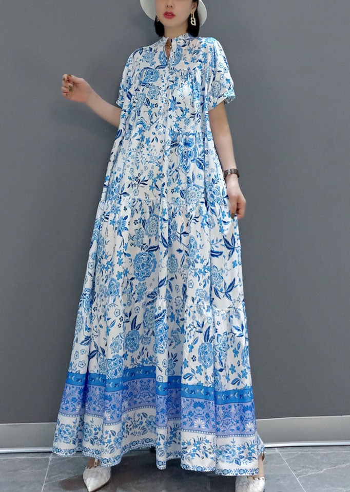 Beautiful Blue wrinkled Chiffon Long Dress Short Sleeve