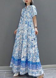 Beautiful Blue wrinkled Chiffon Long Dress Short Sleeve
