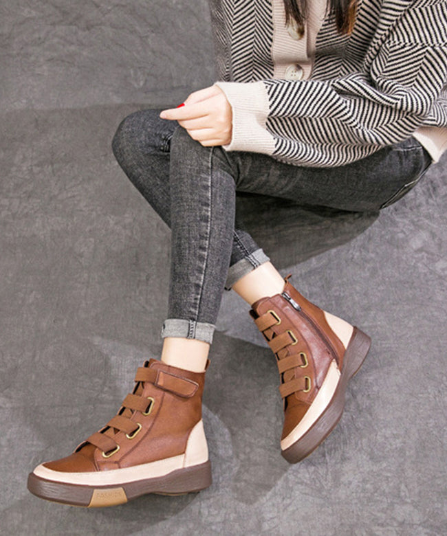 Beautiful Brown Lace Up Platform Boots Splicing Cowhide Leather Ankle boots