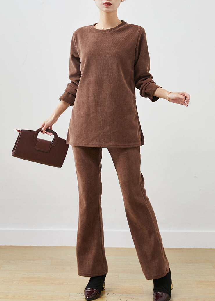 Beautiful Brown Side Open Corduroy Two Piece Set Spring