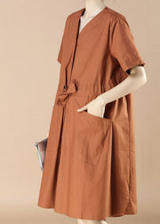 Beautiful Caramel V Neck Pockets Patchwork Cotton Dress Summer