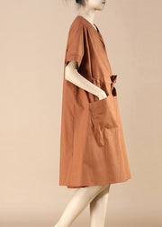Beautiful Caramel V Neck Pockets Patchwork Cotton Dress Summer