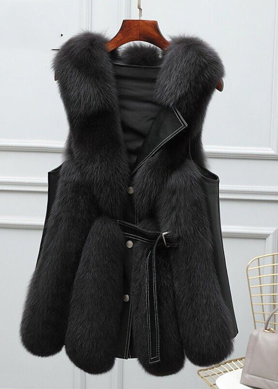 Beautiful Beige Faux Fur Fox Collar Sashes Warm Leather And Fur Waistcoat Winter