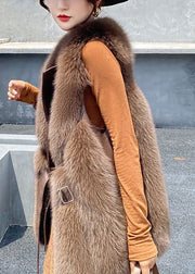 Beautiful Beige Faux Fur Fox Collar Sashes Warm Leather And Fur Waistcoat Winter