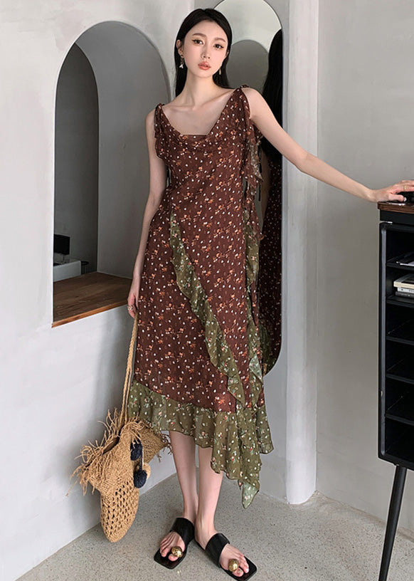 Beautiful Chocolate Ruffled Patchwork Print Chiffon Long Dresses Sleeveless