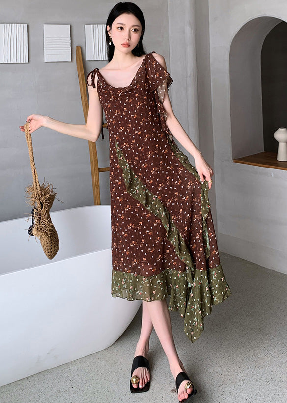 Beautiful Chocolate Ruffled Patchwork Print Chiffon Long Dresses Sleeveless