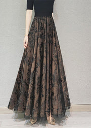 Beautiful Chocolate Embroidered Floral High Waist Flatering Tulle Maxi Skirt Spring