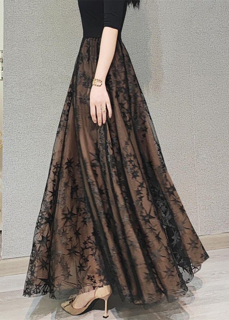 Beautiful Chocolate Embroidered Floral High Waist Flatering Tulle Maxi Skirt Spring