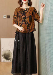 Beautiful Chocolate O-Neck Print Silk Tops And Skirts Two Pieces Set Summer