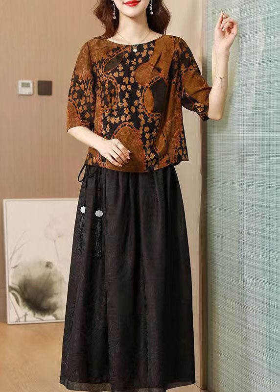 Beautiful Chocolate O-Neck Print Silk Tops And Skirts Two Pieces Set Summer
