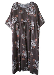 Beautiful Coffee Patchwork Print Summer Vacation Dress Half Sleeve - SooLinen