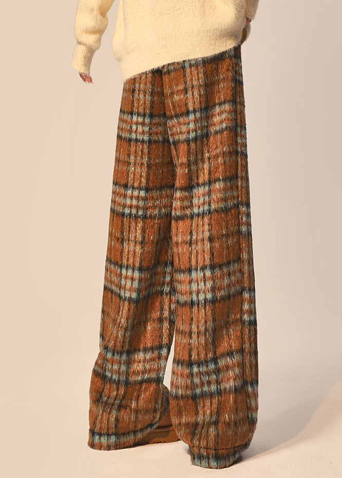 Beautiful Coffee Plaid Pockets Elastic Waist Woolen Wide Leg Pants Spring