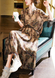 Beautiful Coffee Print Zircon Chiffon Two Piece Set Women Clothing Summer