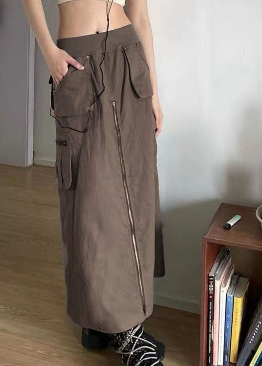 Beautiful Chocolate Solid Zip Up Pockets Silk A Line Skirt Fall