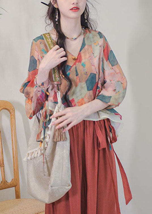 Beautiful Colorblock Asymmetrical Design Print Lace Up Patchwork Shirt Top Summer