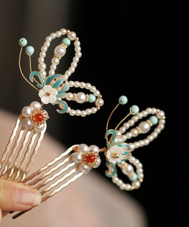 Beautiful Colorblock Copper Pearl Crystal Cloisonne Butterfly Hairpin