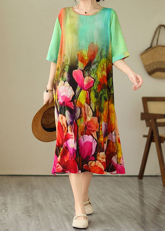 Beautiful Colorblock O Neck Print Patchwork Cotton Dress Summer