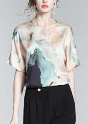 Beautiful Colorblock O Neck Print Silk T Shirt Top Summer