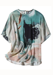Beautiful Colorblock O Neck Print Silk T Shirt Top Summer