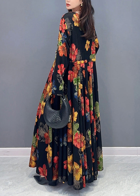 Beautiful Colorblock Print Wrinkled Patchwork Cotton Long Dress Fall