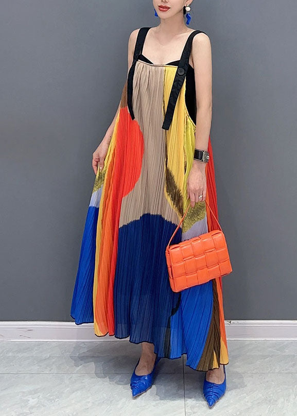 Beautiful Colorblock Slash Neck Wrinkled Maxi Dress Sleeveless