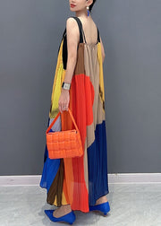 Beautiful Colorblock Slash Neck Wrinkled Maxi Dress Sleeveless