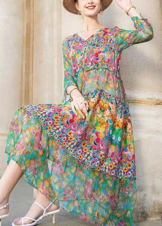 Beautiful Colorblock V Neck Print Patchwork Chiffon Dresses Bracelet Sleeve