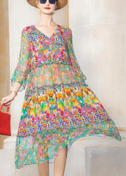 Beautiful Colorblock V Neck Print Patchwork Chiffon Dresses Bracelet Sleeve