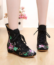Beautiful Cross Strap Embroidered Ankle boots Black Cotton Fabric