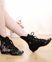 Beautiful Cross Strap Embroidered Ankle boots Black Cotton Fabric