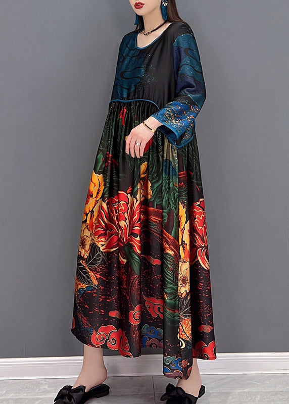 Beautiful Cyan O-Neck Print Silk Dress Three Quarter Sleeve