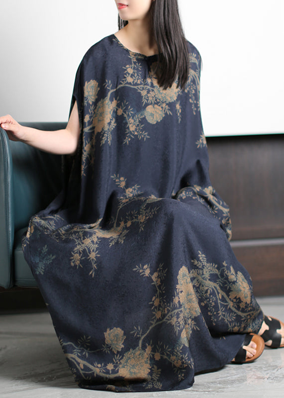 Beautiful Dark Blue O-Neck Print Silk Holiday Dress Short Sleeve