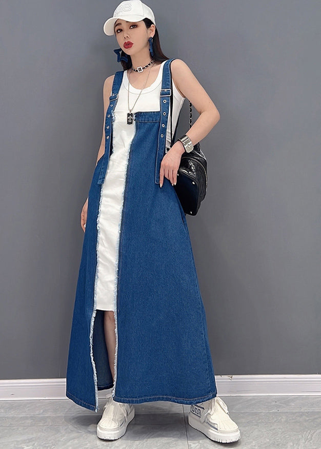 Schönes Jeansblaues asymmetrisches Design Patchwork-Baumwollgefälschtes zweiteiliges Trägerkleid Sommer