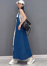 Schönes Jeansblaues asymmetrisches Design Patchwork-Baumwollgefälschtes zweiteiliges Trägerkleid Sommer