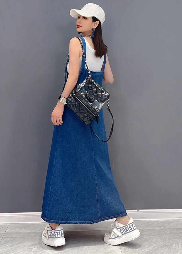 Beautiful Denim Blue Asymmetrical Design Patchwork Cotton Fake Two Piece Strap Dress Summer