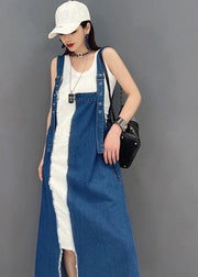 Beautiful Denim Blue Asymmetrical Design Patchwork Cotton Fake Two Piece Strap Dress Summer
