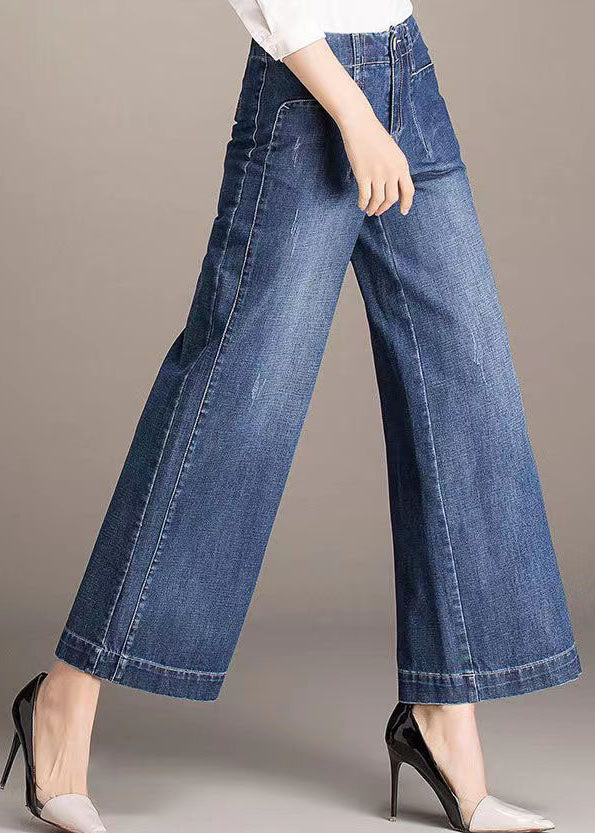 Beautiful Denim Blue High Waist Pockets Draping Cotton Straight Pants Summer