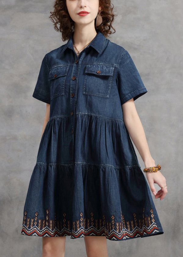 Beautiful Denim Blue Peter Pan Collar Embroidered Cotton Shirt Dress Short Sleeve