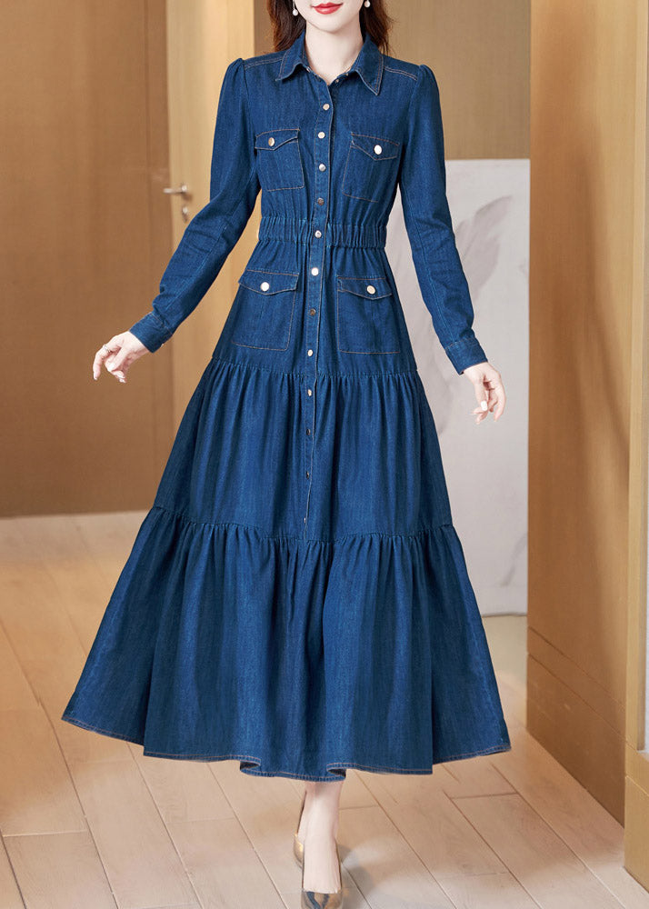 Beautiful Denim Blue Peter Pan Collar Patchwork Wrinkled Tunic Button Cotton Maxi Dresses Long Sleeve