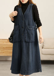 Schöne Jeansblau V-Ausschnitt Patchwork Taschen Baumwolle A-Linie Kleid ärmellos