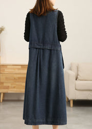 Beautiful Denim Blue V Neck Patchwork Pockets Cotton A Line Dress Sleeveless