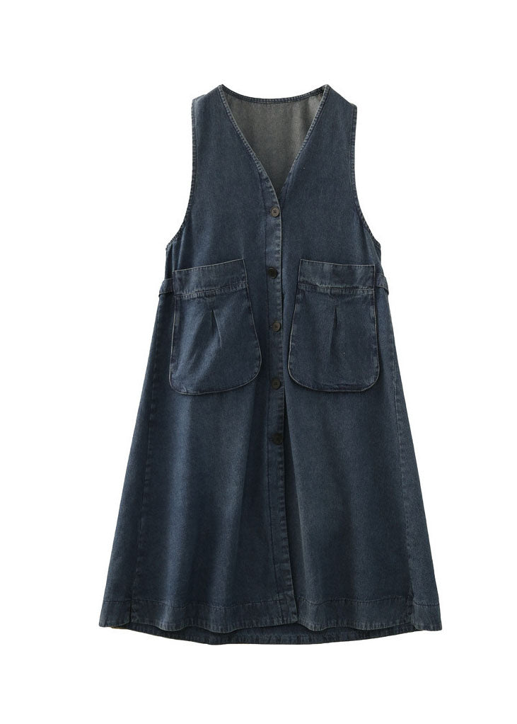 Schöne Jeansblau V-Ausschnitt Patchwork Taschen Baumwolle A-Linie Kleid ärmellos