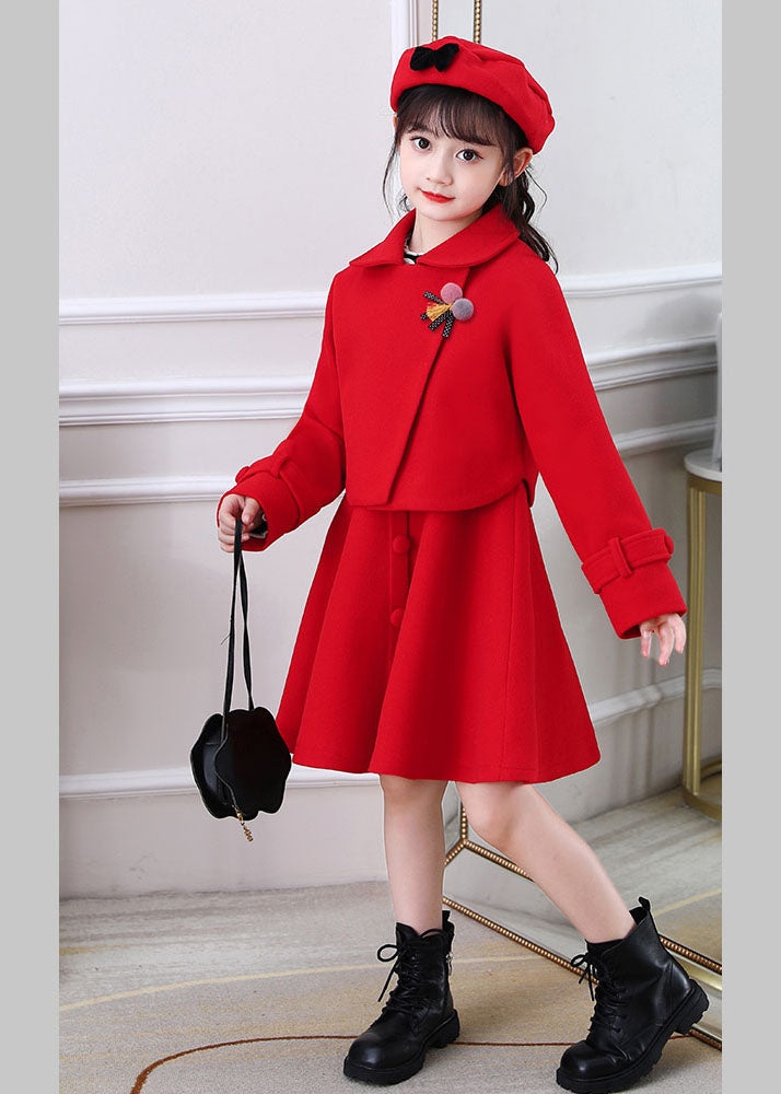 Beautiful Dousha Red Peter Pan Collar Coats And Dress Cotton Kids Two Pieces Set Long Sleeve